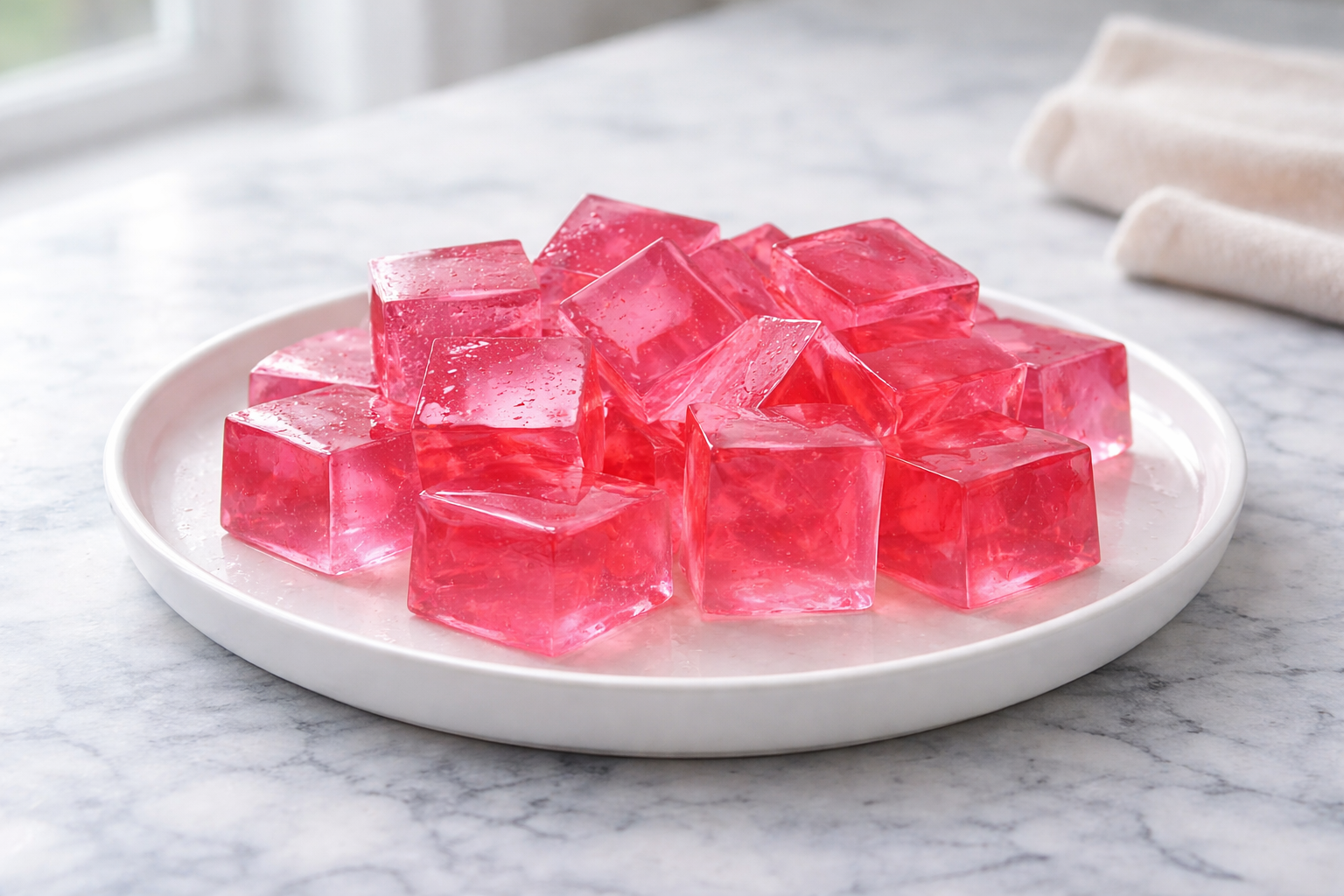 Pink gelatin cubes in glass bowl